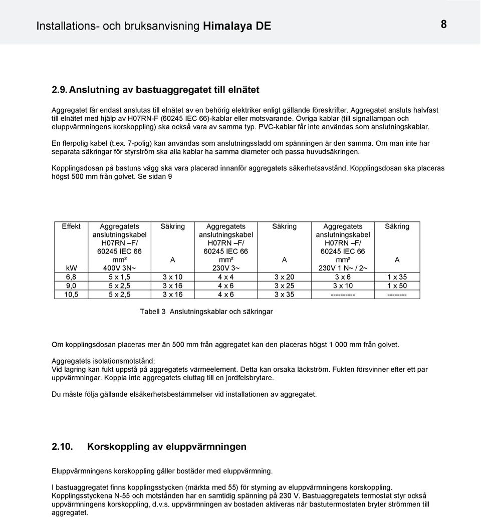 PVC-kablar får inte användas som anslutningskablar. En flerpolig kabel (t.ex. 7-polig) kan användas som anslutningssladd om spänningen är den samma.
