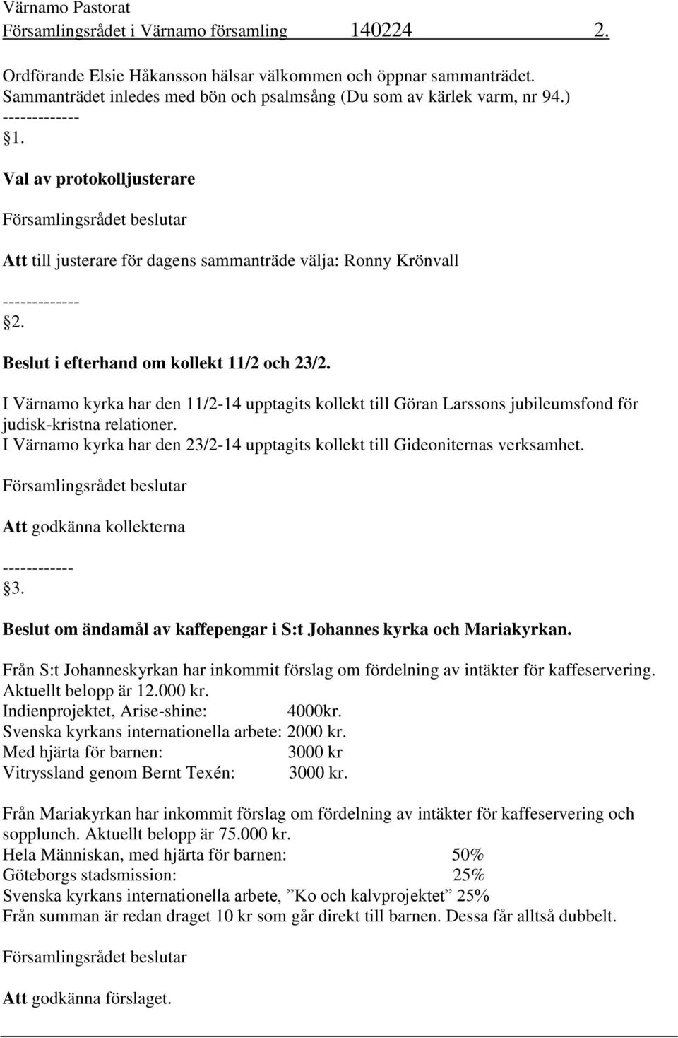 I Värnamo kyrka har den 11/2-14 upptagits kollekt till Göran Larssons jubileumsfond för judisk-kristna relationer. I Värnamo kyrka har den 23/2-14 upptagits kollekt till Gideoniternas verksamhet.