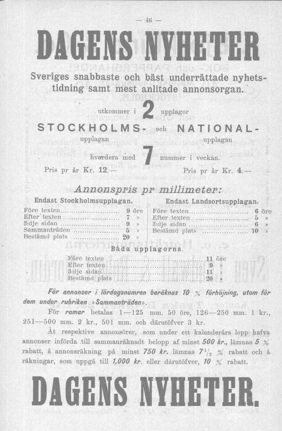 Före texten 9 öre Före texten 6 öre Efter' texten 7» Efter texten I)» 3:dje sidan 9» 3:dje sidan 6» Sammanträden 1)>> Bestämd plats 10» Bestämd plats 20» Båda upplagorna.