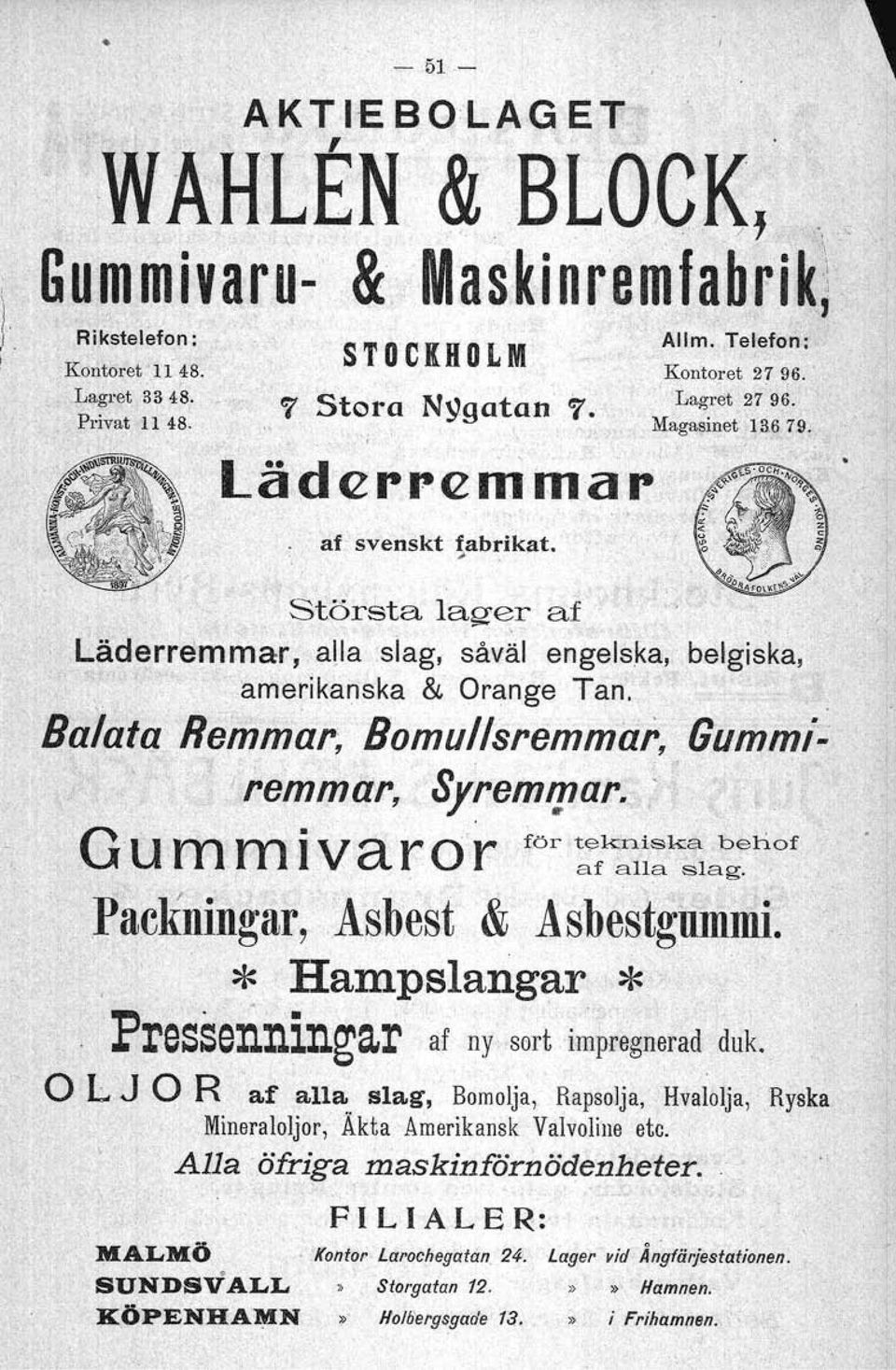 Gummi'; remmar,' Syremrpar, ' ' Q'U 'm'm' I-var or för t~k,h~ska bebof, " af alla slag.. /'.,. ' "..,PacknIngar, Asbest & AsbestguIDIDI.