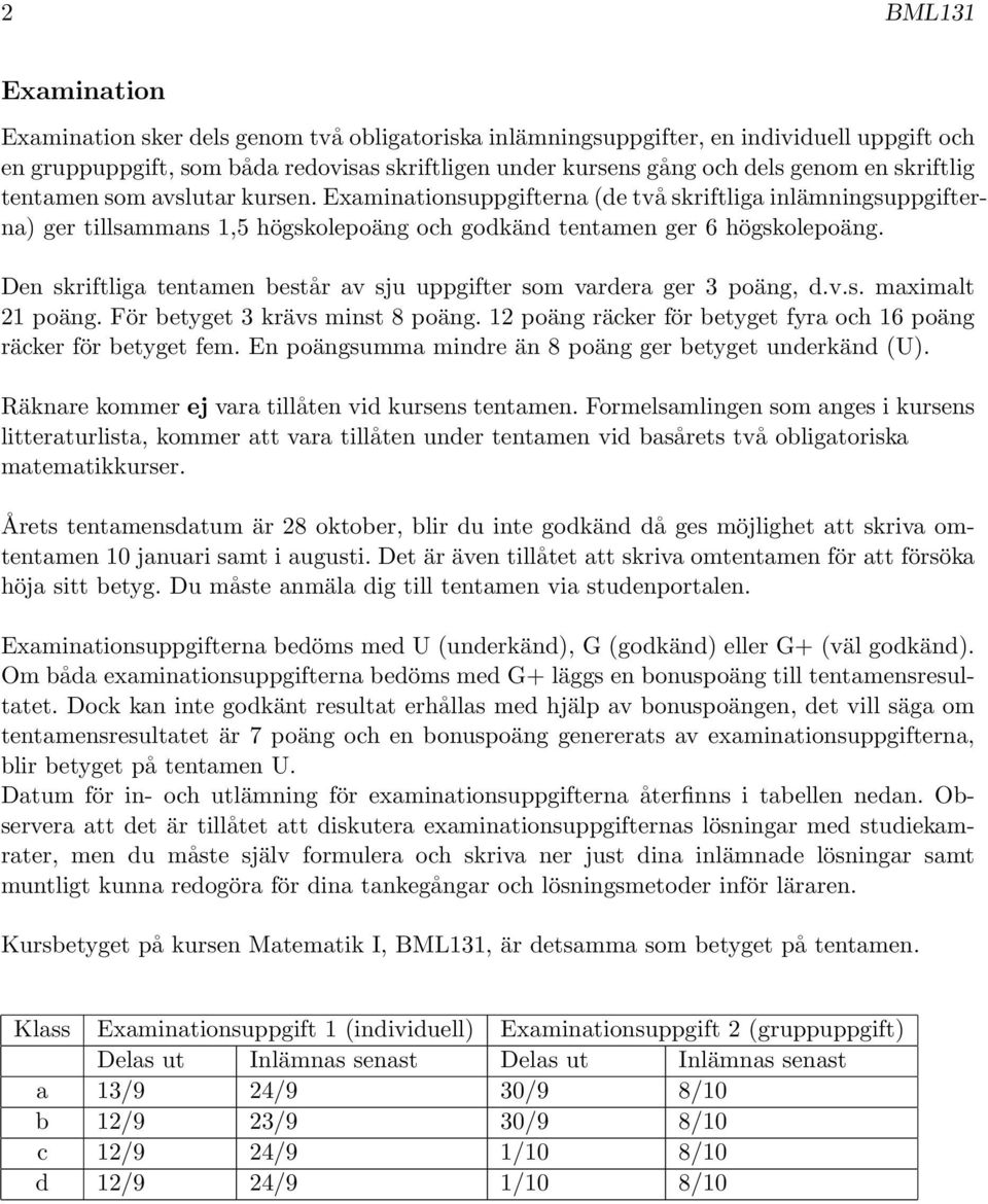 Den skriftliga tentamen består av sju uppgifter som vardera ger 3 poäng, d.v.s. maximalt 21 poäng. För betyget 3 krävs minst 8 poäng.