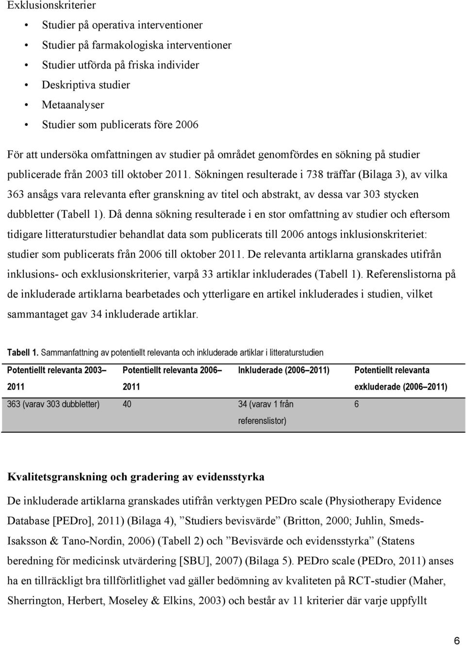 Sökningen resulterade i 738 träffar (Bilaga 3), av vilka 363 ansågs vara relevanta efter granskning av titel och abstrakt, av dessa var 303 stycken dubbletter (Tabell 1).
