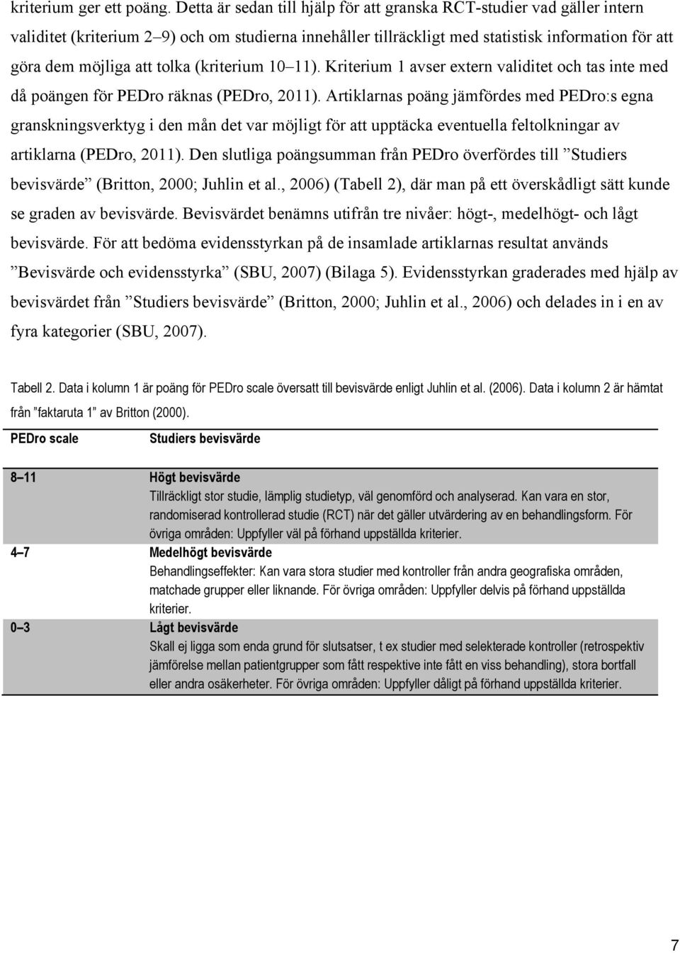 tolka (kriterium 10 11). Kriterium 1 avser extern validitet och tas inte med då poängen för PEDro räknas (PEDro, 2011).