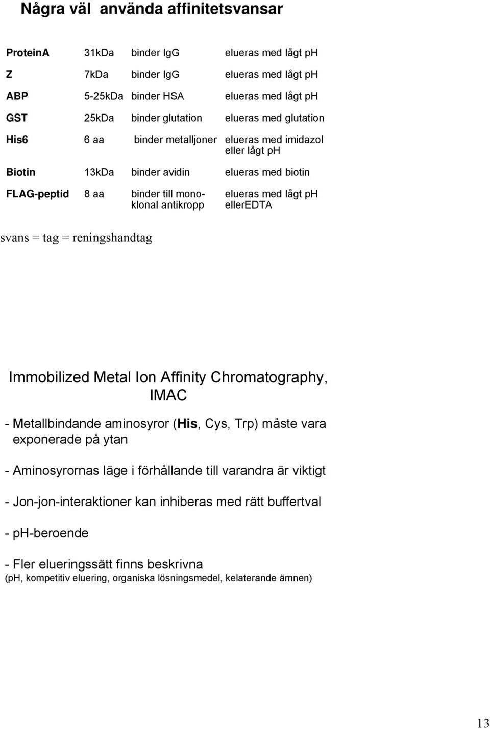 elleredta svans = tag = reningshandtag Immobilized Metal Ion Affinity Chromatography, IMAC - Metallbindande aminosyror (His, Cys, Trp) måste vara exponerade på ytan - Aminosyrornas läge i förhållande