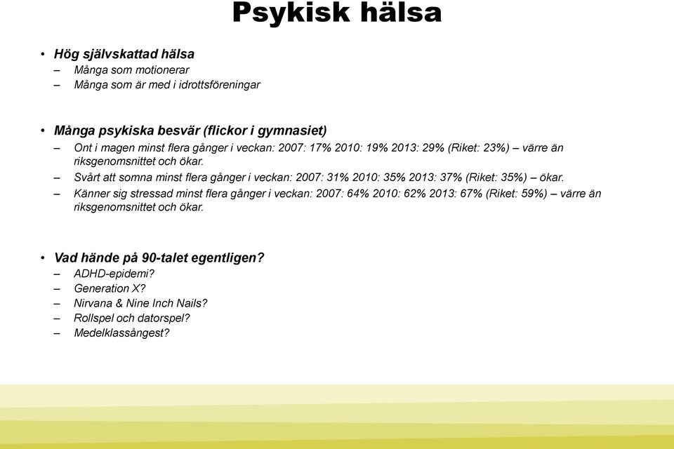 Svårt att somna minst flera gånger i veckan: 2007: 31% 2010: 35% 2013: 37% (Riket: 35%) ökar.