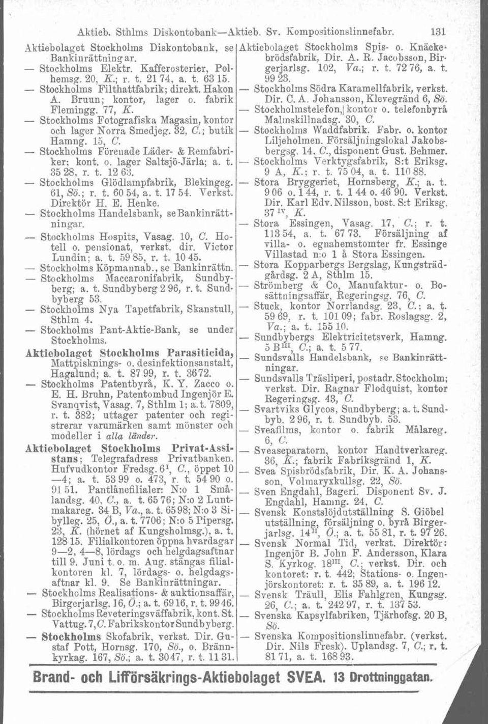 - Stockholms Förenade Lader- & Remfabriker; kont. o. lager Saltsjö-Järla; a. t. 35 28, r. t. 12 6:3. - Stockholms Gliödlampfabrik, Blekingeg. 61, So.; r. t. 60 54, a. t. 17 54. Verkst. Direktör H. E.