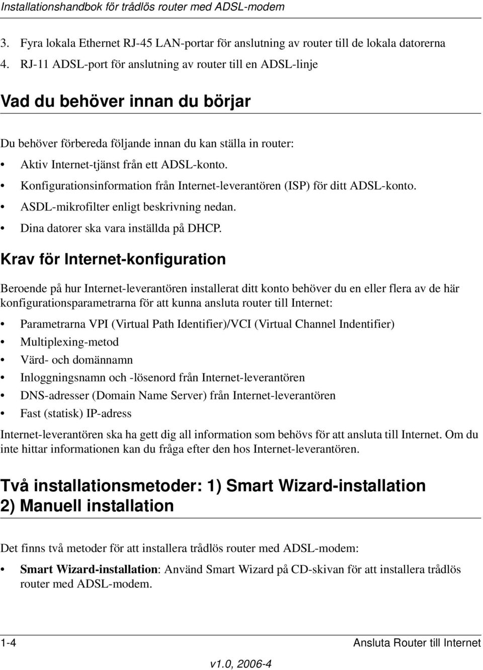Konfigurationsinformation från Internet-leverantören (ISP) för ditt ADSL-konto. ASDL-mikrofilter enligt beskrivning nedan. Dina datorer ska vara inställda på DHCP.