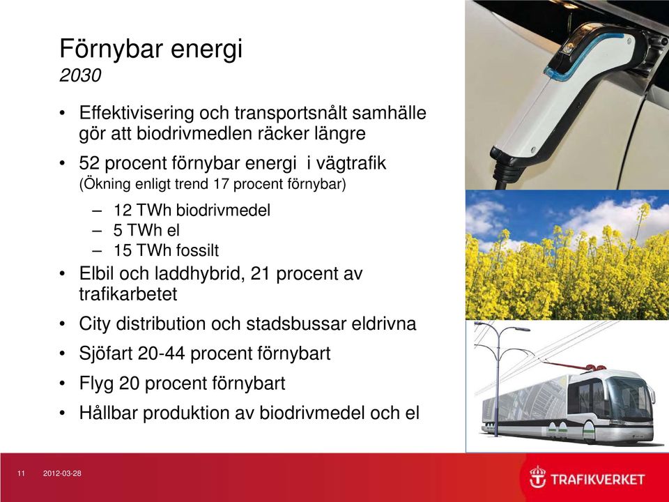 15 TWh fossilt Elbil och laddhybrid, 21 procent av trafikarbetet City distribution och stadsbussar eldrivna