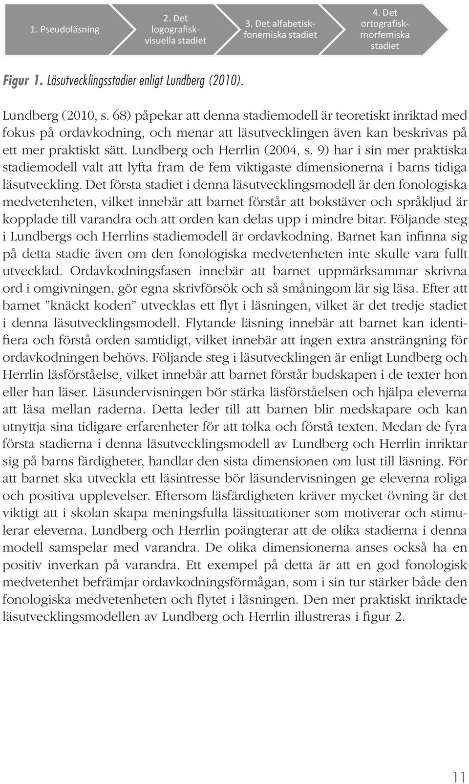 9) har i sin mer praktiska stadiemodell valt att lyfta fram de fem viktigaste dimensionerna i barns tidiga läsutveckling.