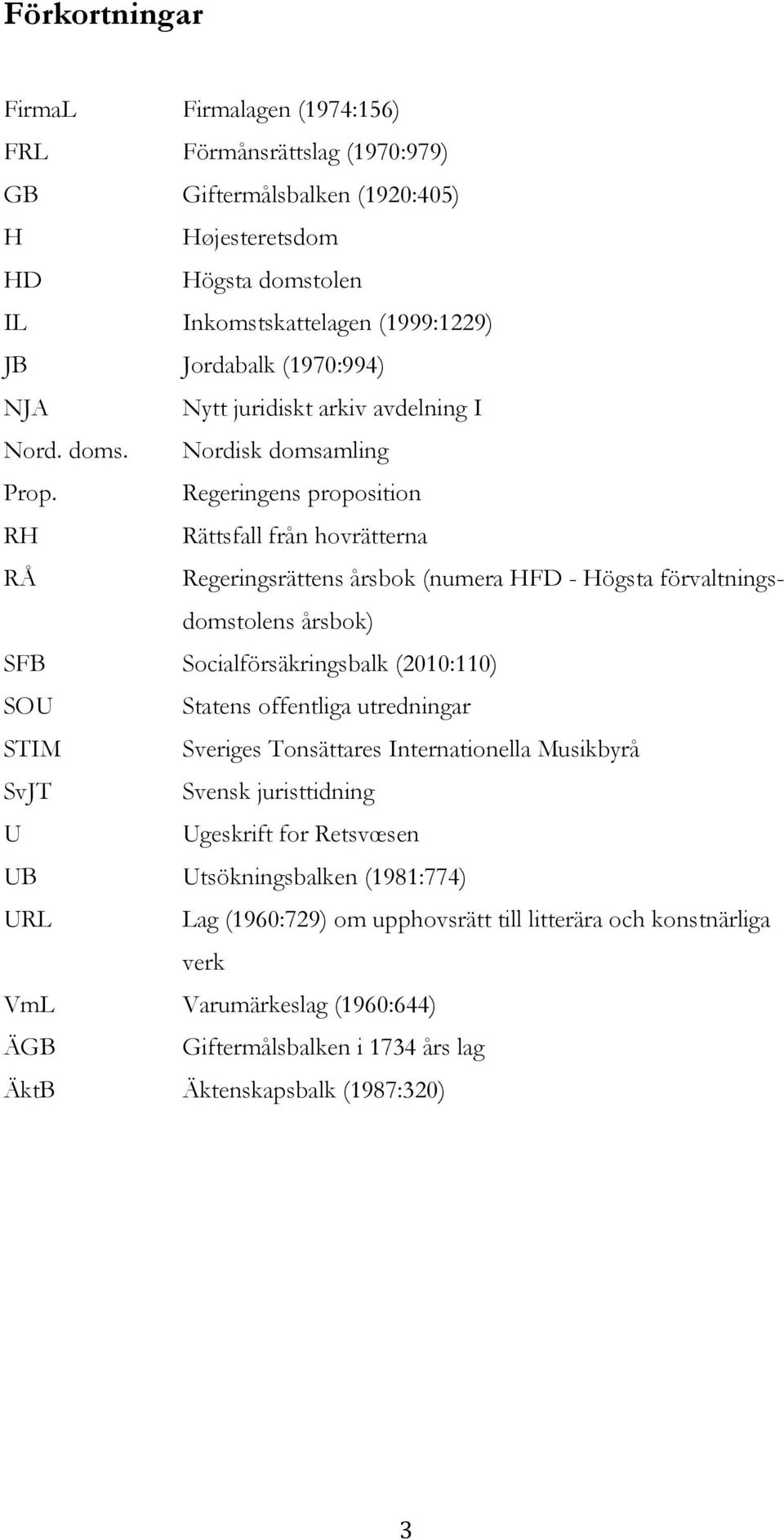 Regeringens proposition RH Rättsfall från hovrätterna RÅ Regeringsrättens årsbok (numera HFD - Högsta förvaltningsdomstolens årsbok) SFB Socialförsäkringsbalk (2010:110) SOU Statens offentliga