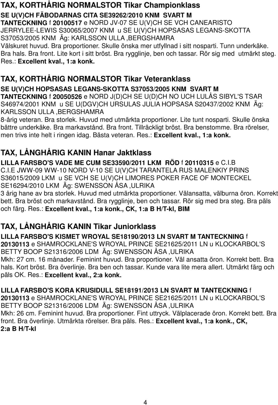 Lite kort i sitt bröst. Bra rygglinje, ben och tassar. Rör sig med utmärkt steg. Res.: Excellent kval., 1:a konk.