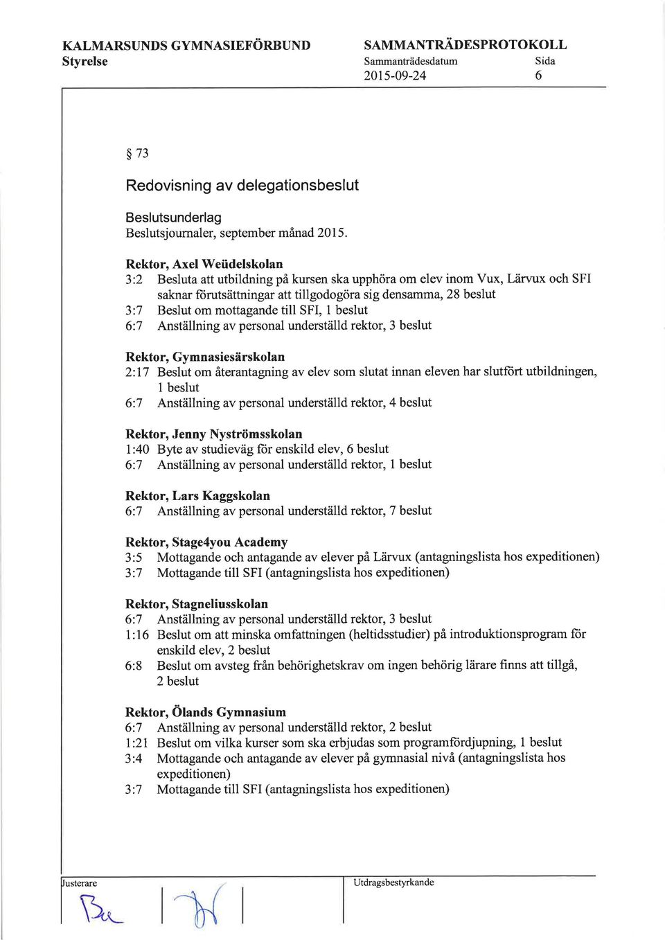till SFI, 1 beslut 6:7 Anställning av personal underställd rektor, 3 beslut Rektor, Gymnasiesärskolan 2:17 Beslut om återantagning av elev som slutat innan eleven har slutftirt utbildningen, 1 beslut
