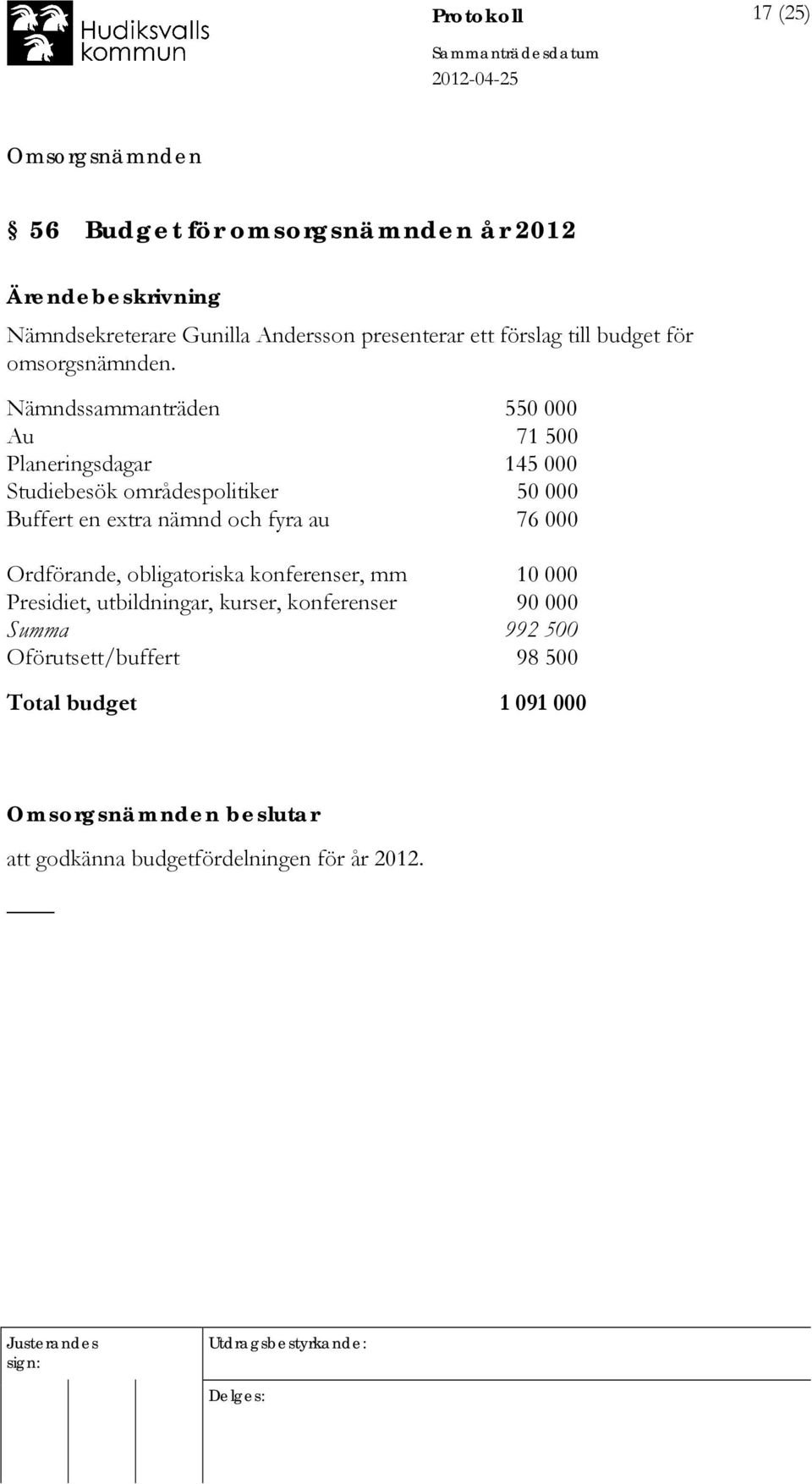 Nämndssammanträden 550 000 Au 71 500 Planeringsdagar 145 000 Studiebesök områdespolitiker 50 000 Buffert en extra nämnd och