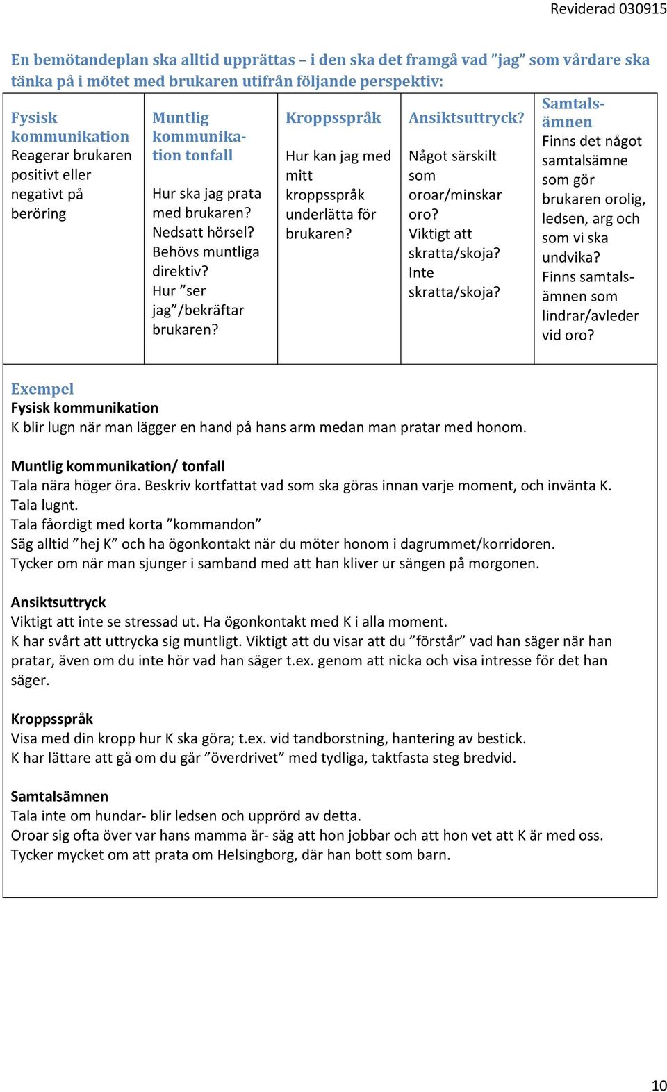 oroar/minskar brukaren orolig, beröring med brukaren? underlätta för oro? ledsen, arg och Nedsatt hörsel? brukaren? Viktigt att som vi ska Behövs muntliga skratta/skoja? undvika? direktiv?