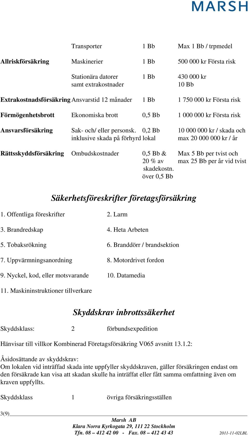 0,2 Bb 10 000 000 kr / skada och inklusive skada på förhyrd lokal max 20 000 000 kr / år Rättsskyddsförsäkring Ombudskostnader 0,5 Bb & Max 5 Bb per tvist och 20 % av max 25 Bb per år vid tvist