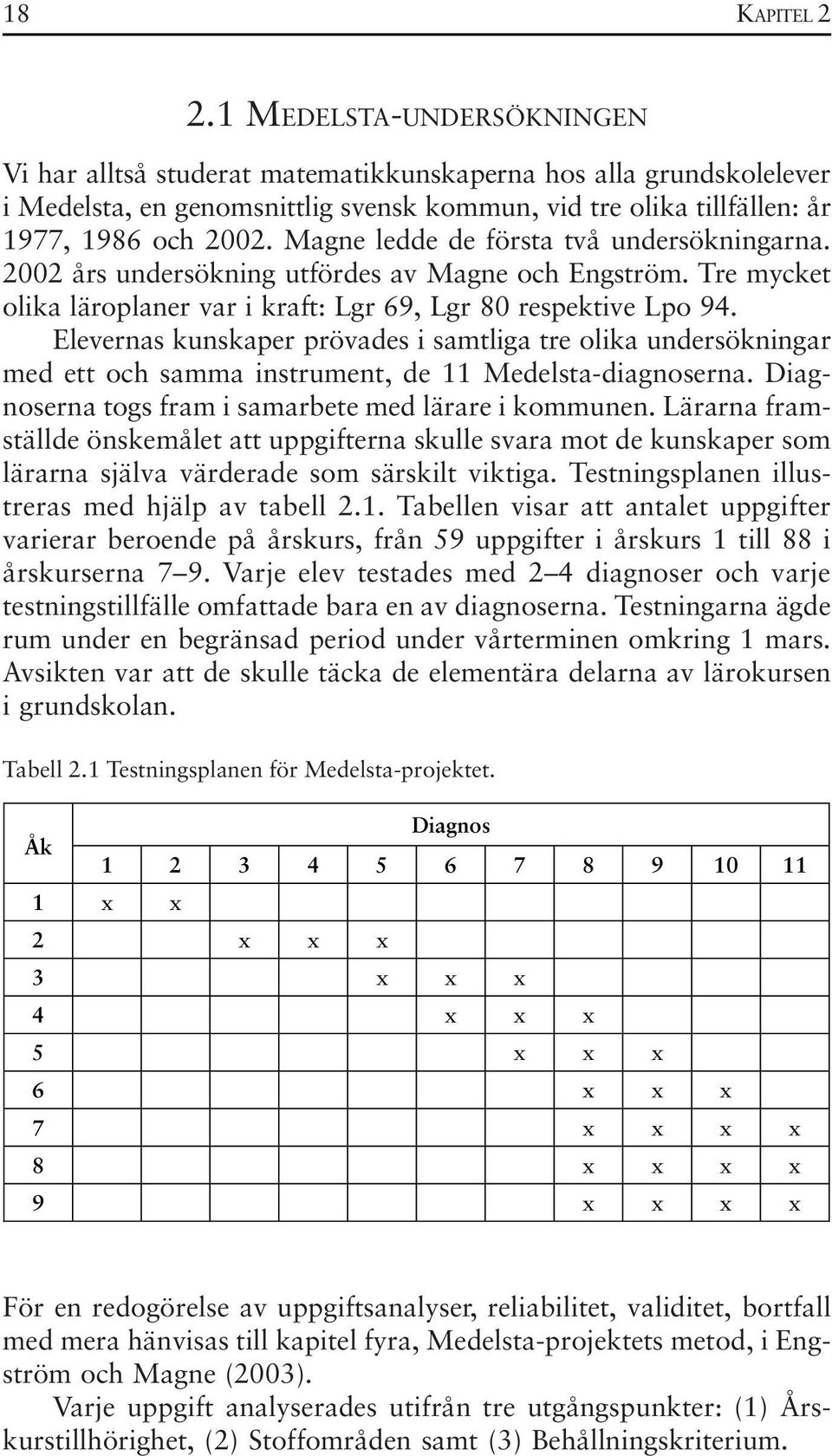 Magne ledde de första två undersökningarna. 2002 års undersökning utfördes av Magne och Engström. Tre mycket olika läroplaner var i kraft: Lgr 69, Lgr 80 respektive Lpo 94.