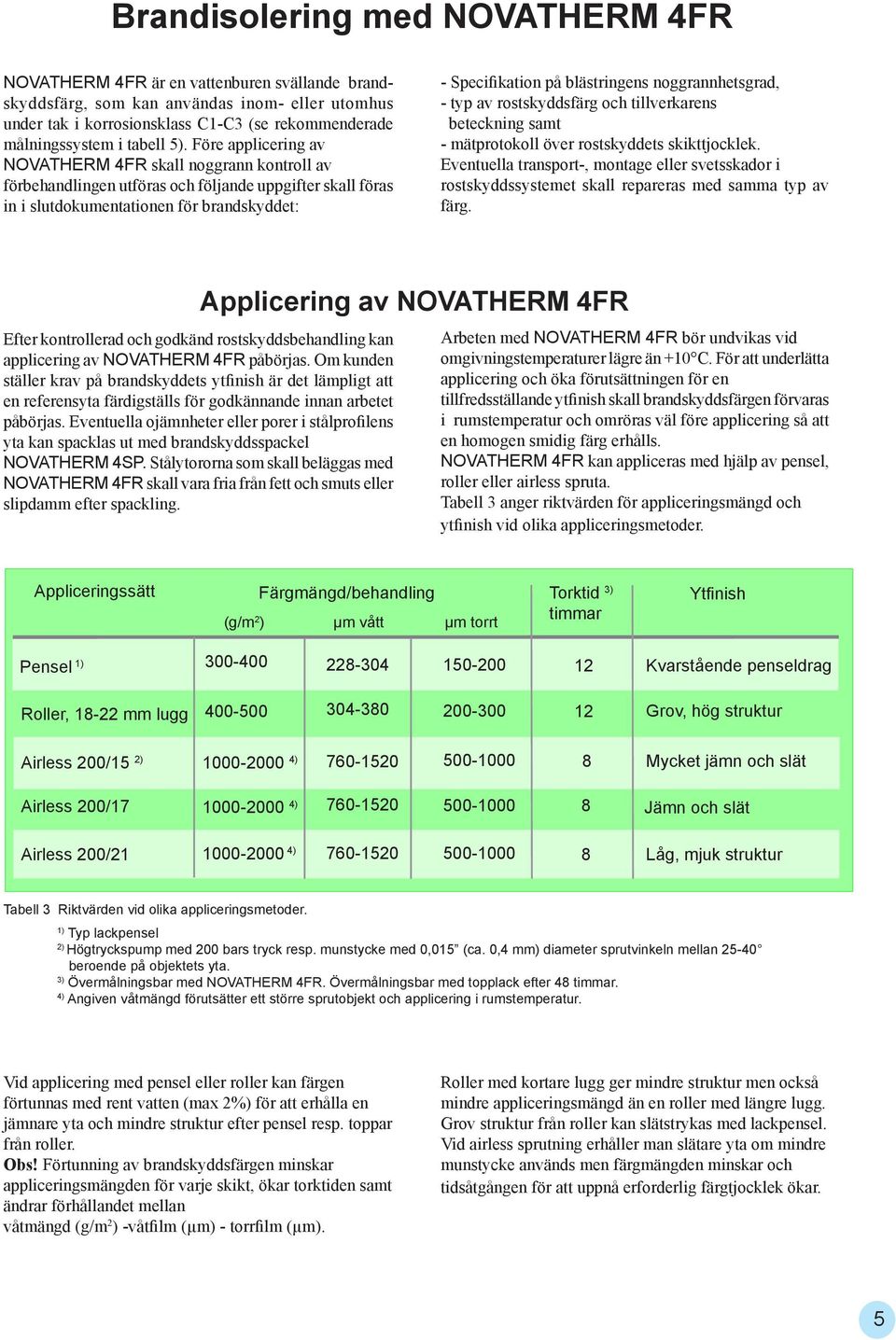 Före applicering av NOVATHERM 4FR skall noggrann kontroll av förbehandlingen utföras och följande uppgifter skall föras in i slutdokumentationen för brandskyddet: - Specifikation på blästringens