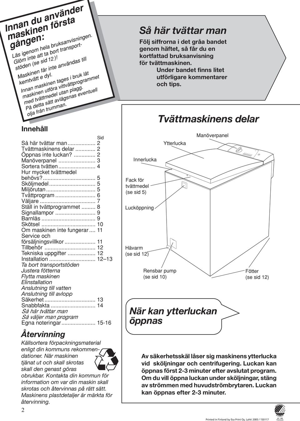 .. 5 Tvättprogram... 6 Väljare... 7 Ställ in tvättprogrammet... 8 Signallampor... 9 Barnlås... 9 Skötsel... 10 Om maskinen inte fungerar... 11 Service och försäljningsvillkor... 11 Tillbehör.