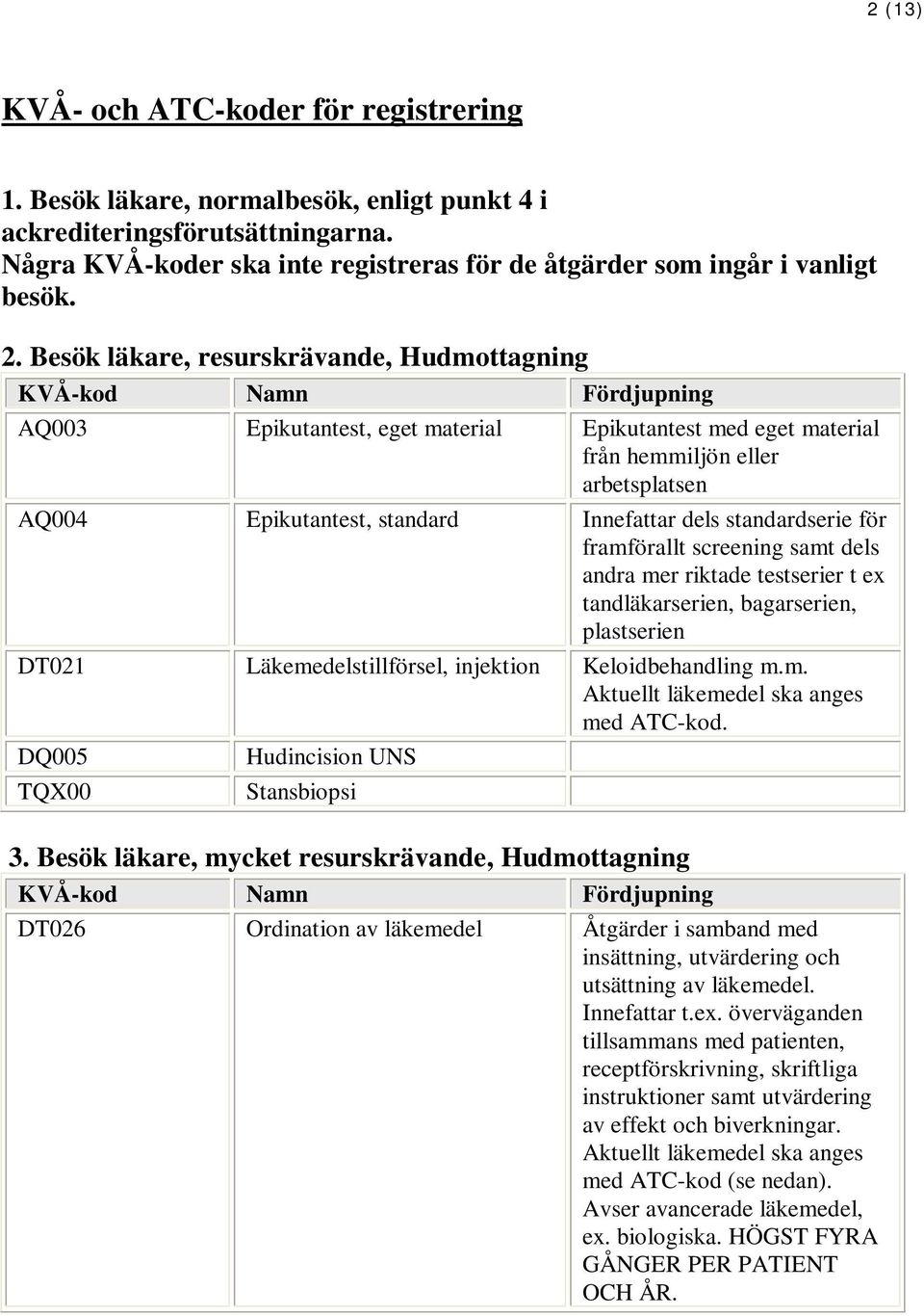 Besök läkare, resurskrävande, Hudmottagning AQ003 Epikutantest, eget material Epikutantest med eget material från hemmiljön eller arbetsplatsen AQ004 Epikutantest, standard Innefattar dels