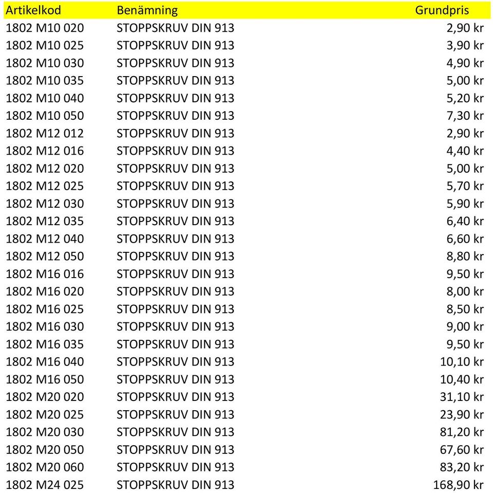 1802 M12 030 STOPPSKRUV DIN 913 5,90 kr 1802 M12 035 STOPPSKRUV DIN 913 6,40 kr 1802 M12 040 STOPPSKRUV DIN 913 6,60 kr 1802 M12 050 STOPPSKRUV DIN 913 8,80 kr 1802 M16 016 STOPPSKRUV DIN 913 9,50 kr