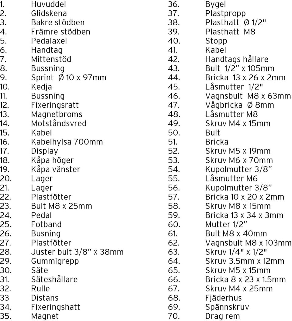 Vågbricka Ø 8mm 13. Magnetbroms 48. Låsmutter M8 14. Motståndsvred 49. Skruv M4 x 15mm 15. Kabel 50. Bult 16. Kabelhylsa 700mm 51. Bricka 17. Display 52. Skruv M5 x 19mm 18. Kåpa höger 53.