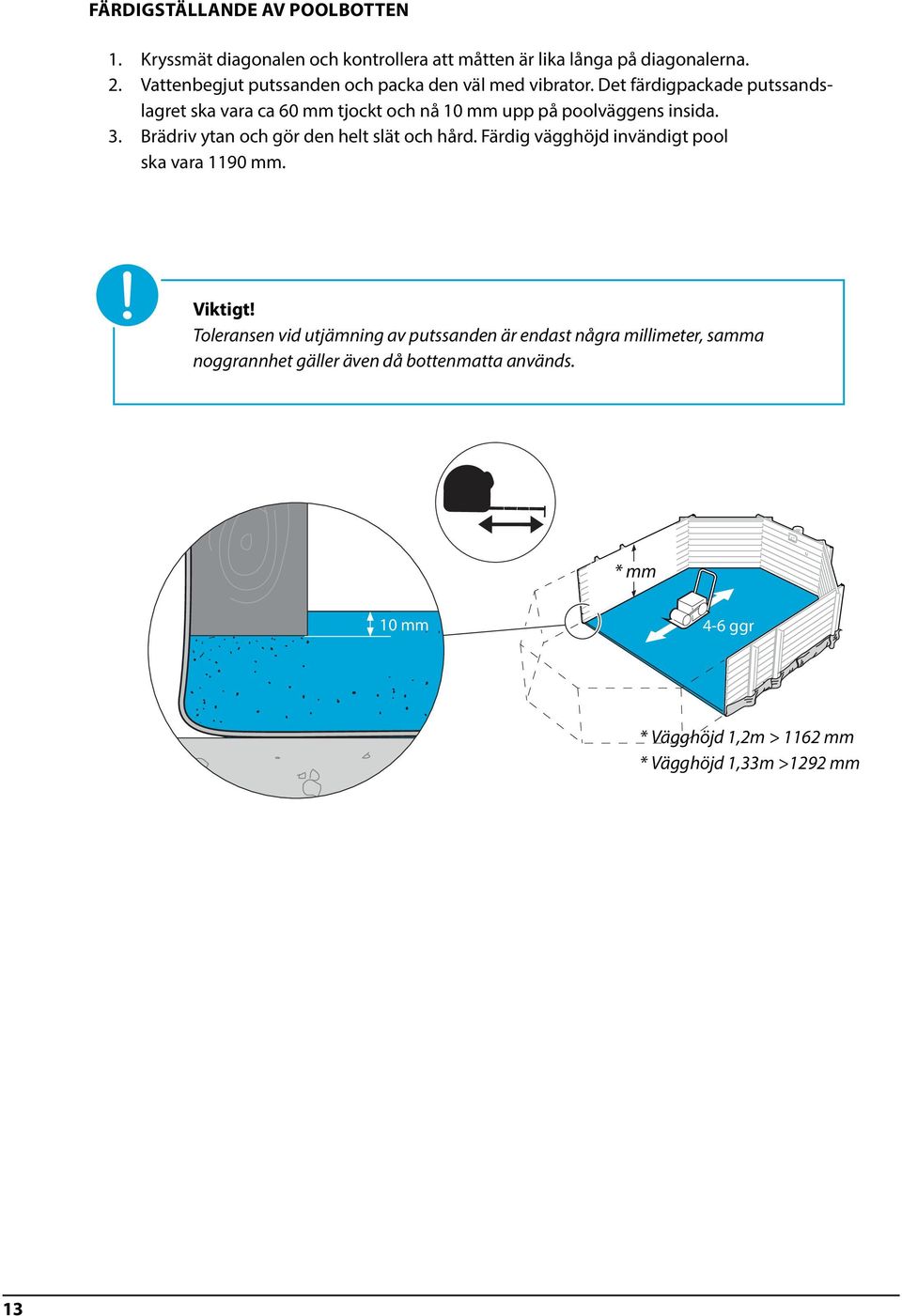 Det färdigpackade putssandslagret ska vara ca 60 mm tjockt och nå 10 mm upp på poolväggens insida. 3.