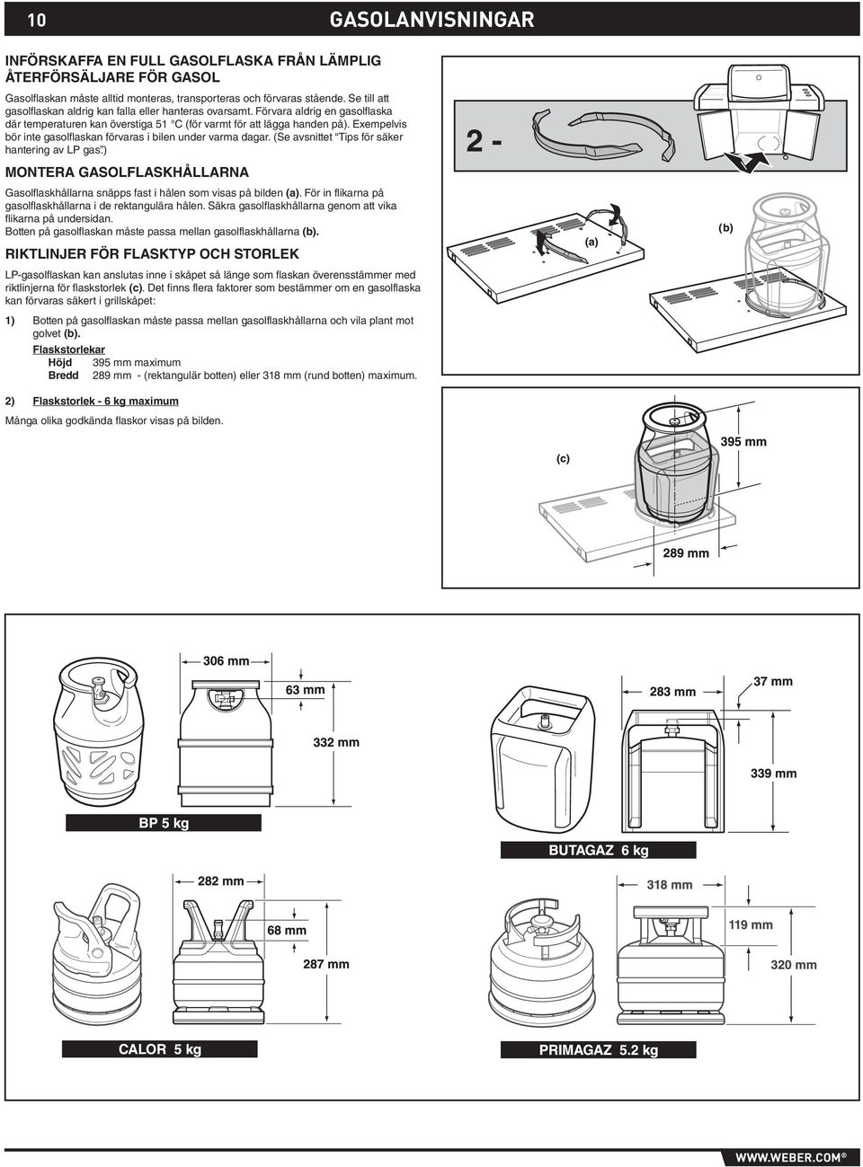 Exempelvis bör inte gasolflaskan förvaras i bilen under varma dagar. (Se avsnittet Tips för säker hantering av LP gas.
