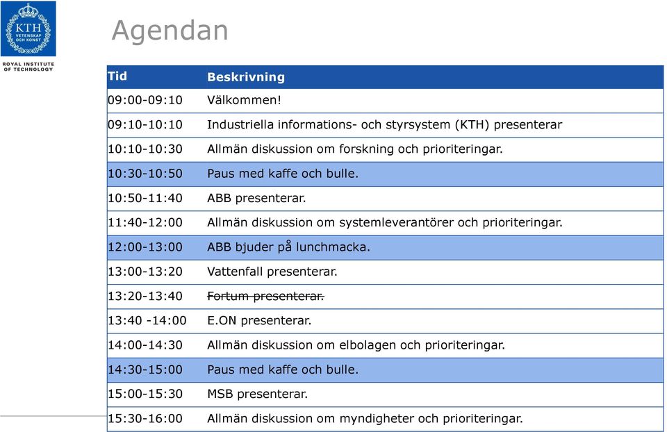 10:30-10:50 Paus med kaffe och bulle. 10:50-11:40 ABB presenterar. 11:40-12:00 Allmän diskussion om systemleverantörer och prioriteringar.