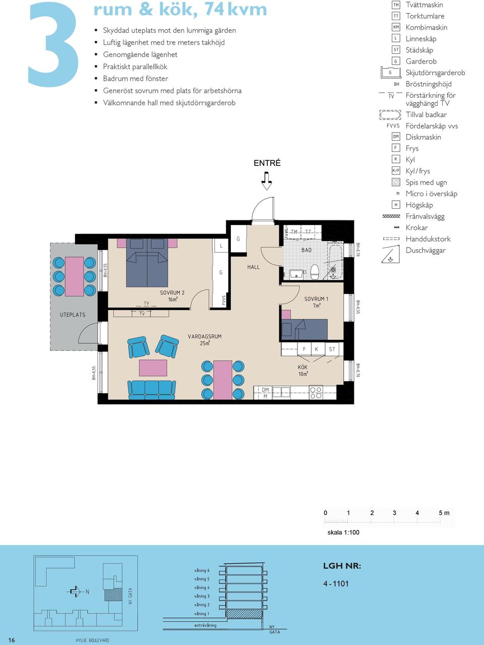 Balkong hall med mot skjutdörrsgarderob rum och kök, 6 m² BAKO / frys S skala : 6 våning tr våning tr TR TR TR TR - våning tr