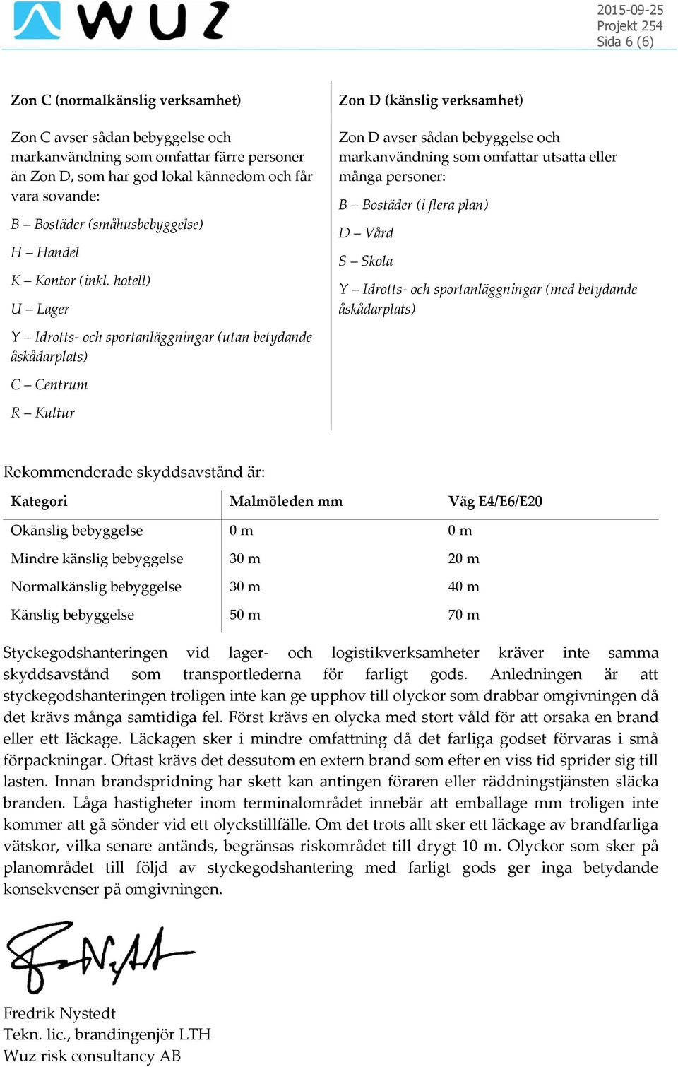 hotell) U Lager Zon D (känslig verksamhet) Zon D avser sådan bebyggelse och markanvändning som omfattar utsatta eller många personer: B Bostäder (i flera plan) D Vård S Skola Y Idrotts- och