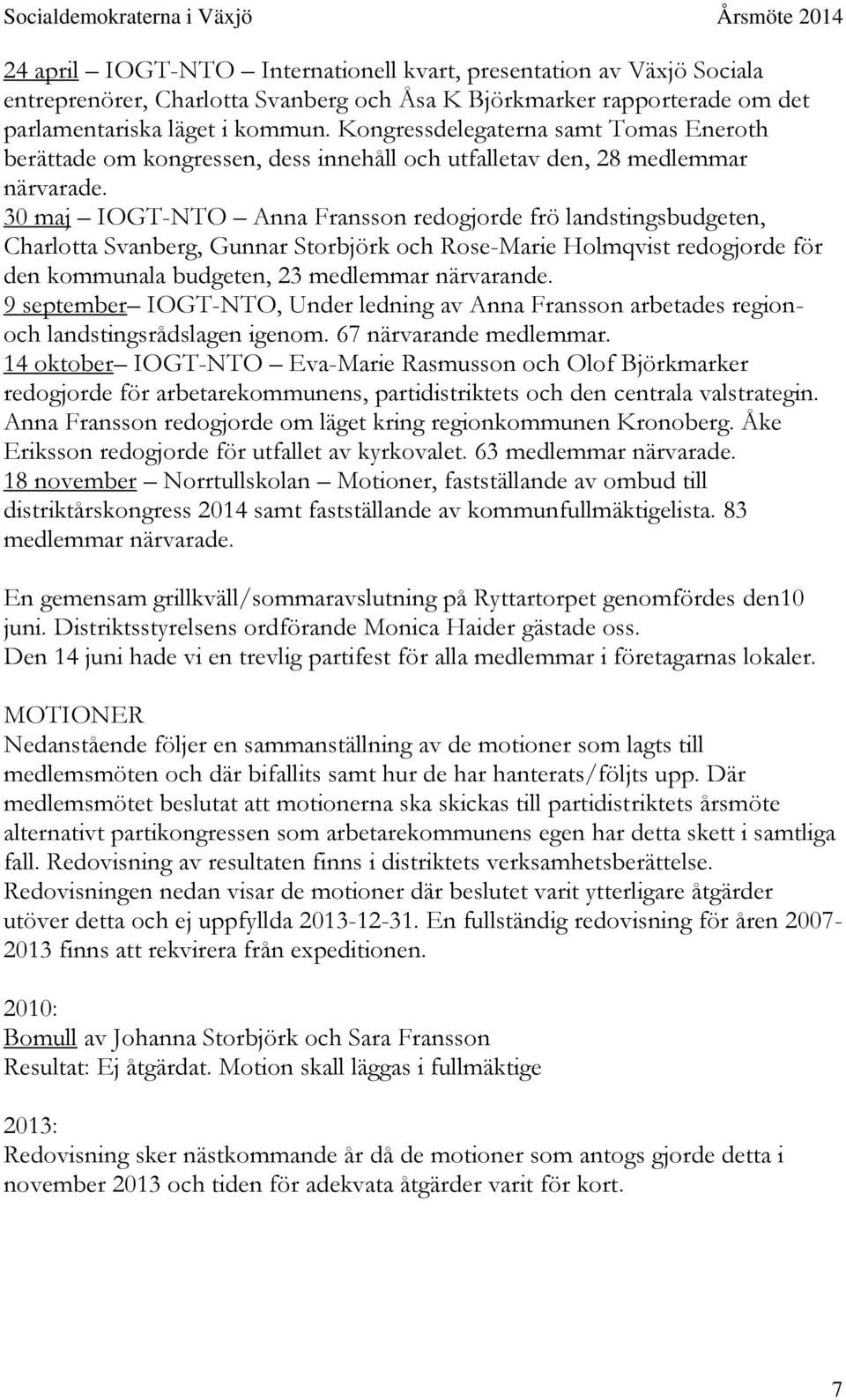 30 maj IOGT-NTO Anna Fransson redogjorde frö landstingsbudgeten, Charlotta Svanberg, Gunnar Storbjörk och Rose-Marie Holmqvist redogjorde för den kommunala budgeten, 23 medlemmar närvarande.