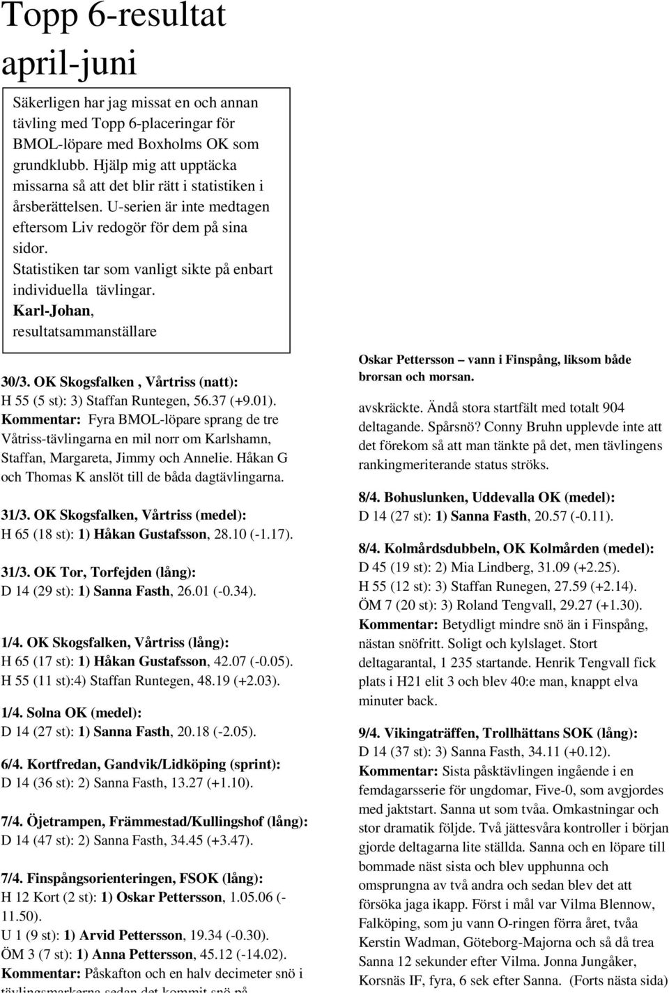 Statistiken tar som vanligt sikte på enbart individuella tävlingar. Karl-Johan, resultatsammanställare 30/3. OK Skogsfalken, Vårtriss (natt): H 55 (5 st): 3) Staffan Runtegen, 56.37 (+9.01).