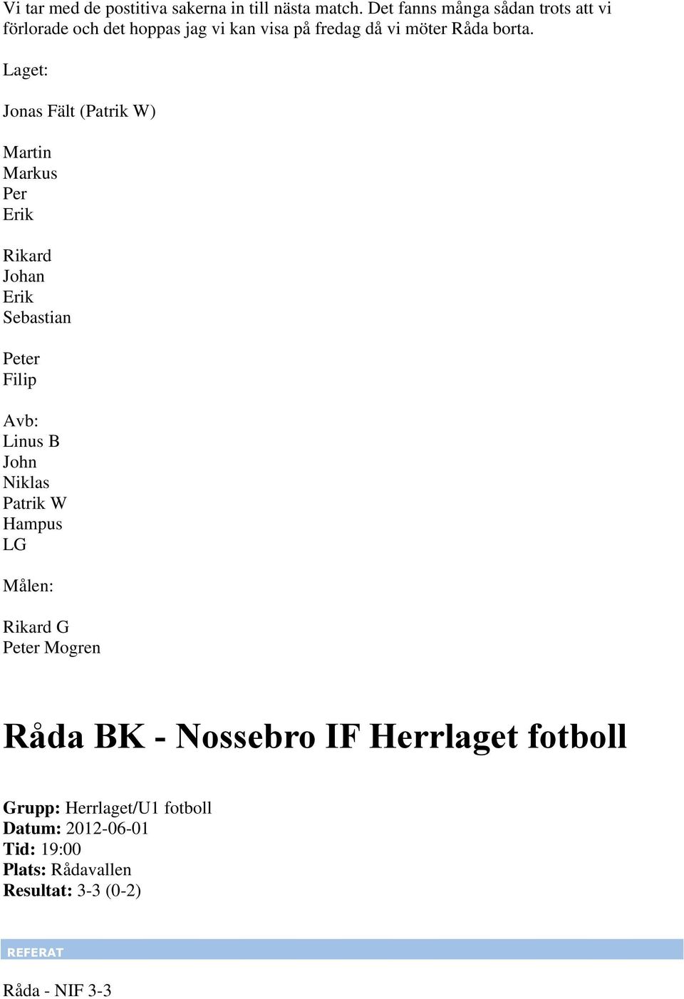 Laget: Jonas Fält (Patrik W) Martin Markus Per Erik Rikard Johan Erik Sebastian Peter Filip Avb: Linus B John
