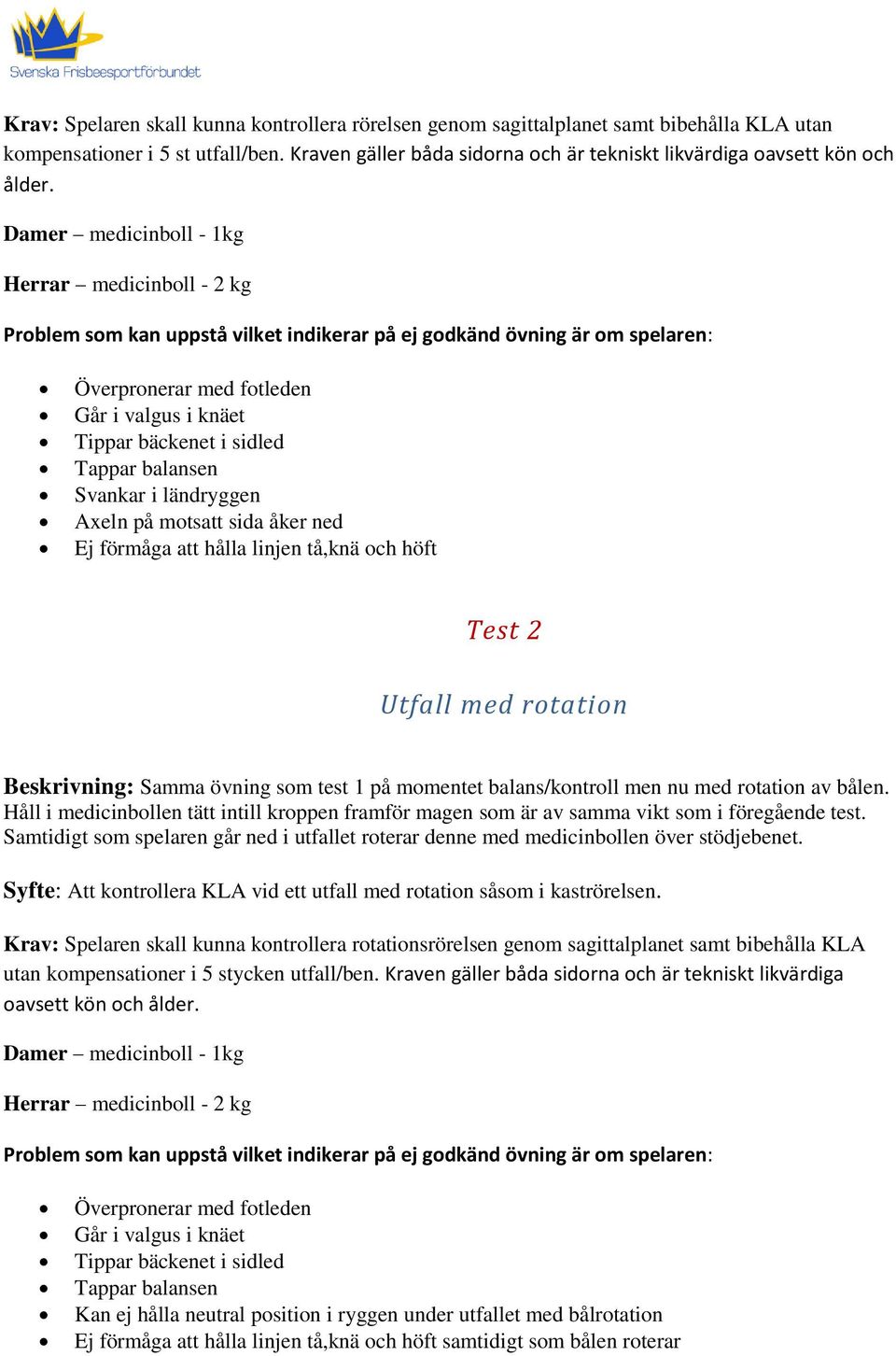 Damer medicinboll - 1kg Herrar medicinboll - 2 kg Problem som kan uppstå vilket indikerar på ej godkänd övning är om spelaren: Överpronerar med fotleden Går i valgus i knäet Tippar bäckenet i sidled