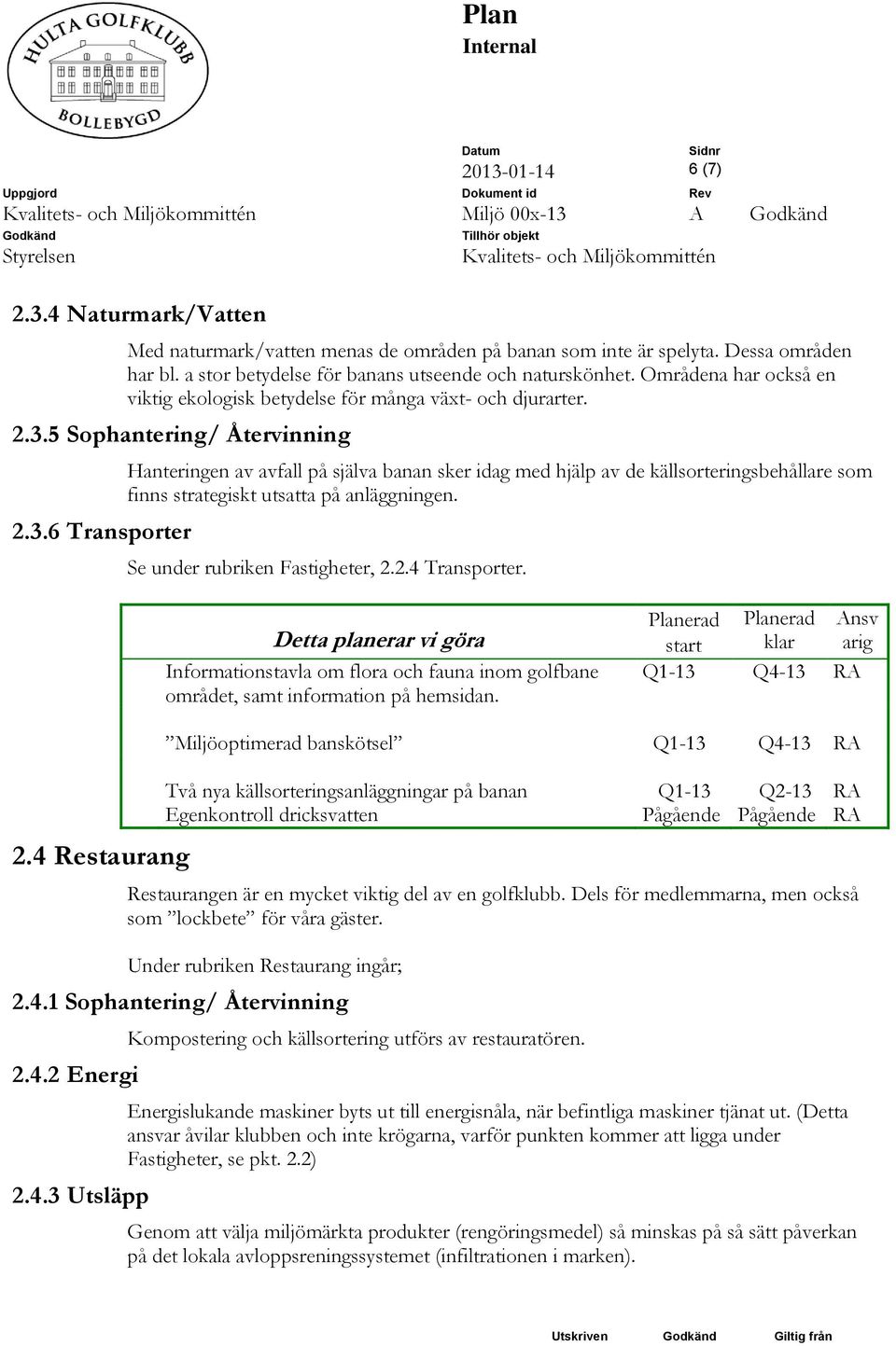 5 Sophantering/ Återvinning 2.3.6 Transporter Hanteringen av avfall på själva banan sker idag med hjälp av de källsorteringsbehållare som finns strategiskt utsatta på anläggningen.