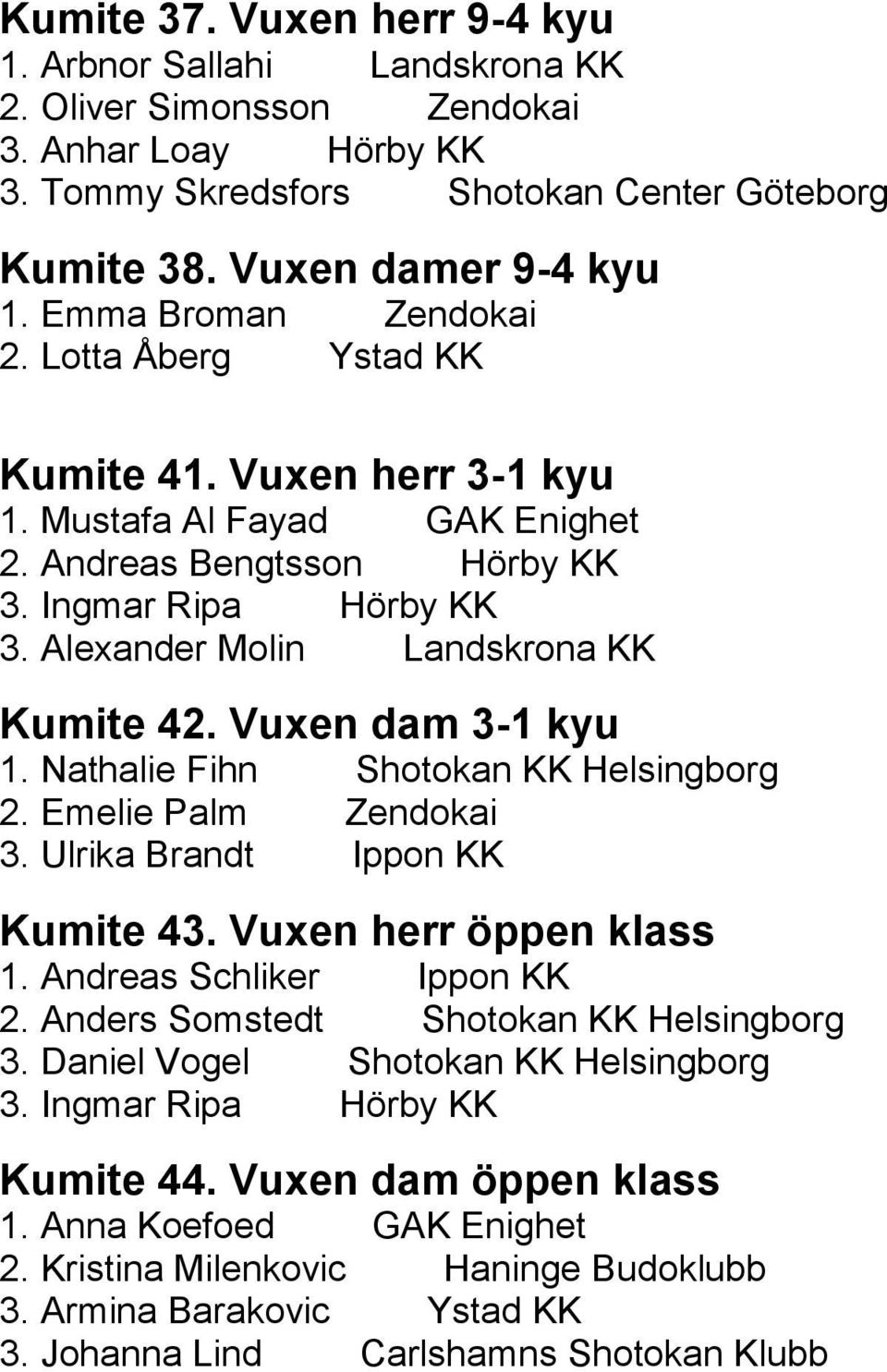 Alexander Molin Landskrona KK Kumite 42. Vuxen dam 3-1 kyu 1. Nathalie Fihn Shotokan KK Helsingborg 2. Emelie Palm Zendokai 3. Ulrika Brandt Ippon KK Kumite 43. Vuxen herr öppen klass 1.