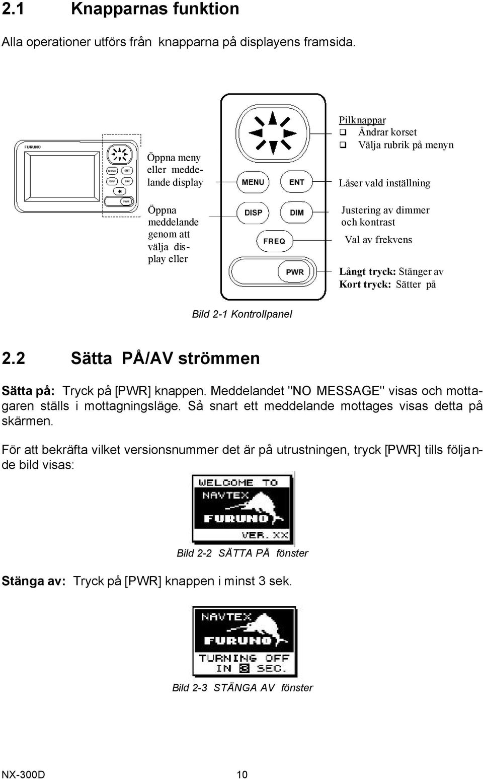 Val av frekvens Långt tryck: Stänger av Kort tryck: Sätter på Bild 2-1 Kontrollpanel 2.2 Sätta PÅ/AV strömmen Sätta på: Tryck på [PWR] knappen.