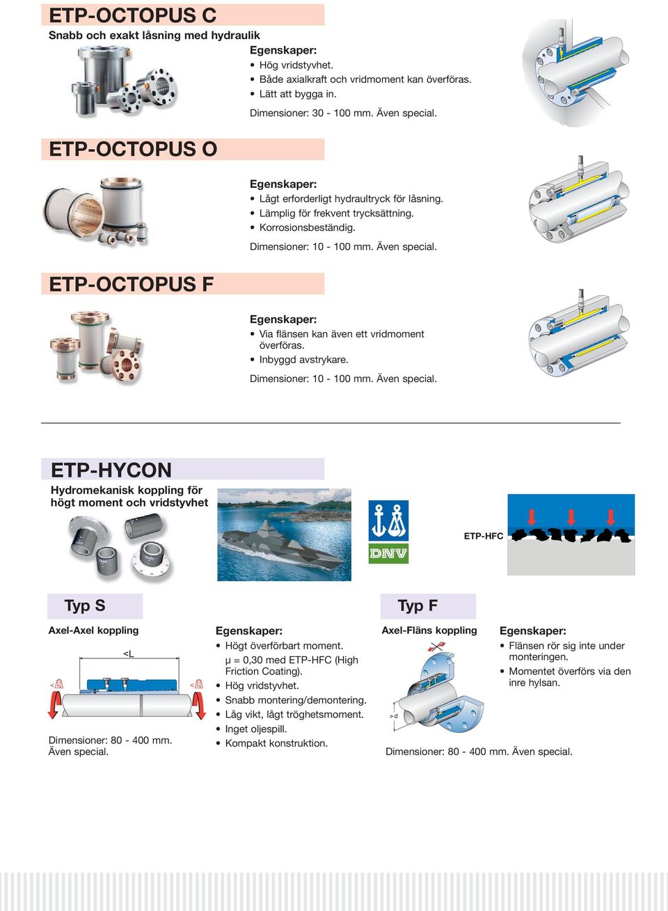 Inbyggd avstrykare. Dimensioner: 1-1 mm. Även special. ETP-HYCON Hydromekanisk koppling för högt moment och vridstyvhet ETP-HFC Typ S Typ F Axel-Axel koppling < kg <L Dimensioner: 8-4 mm.