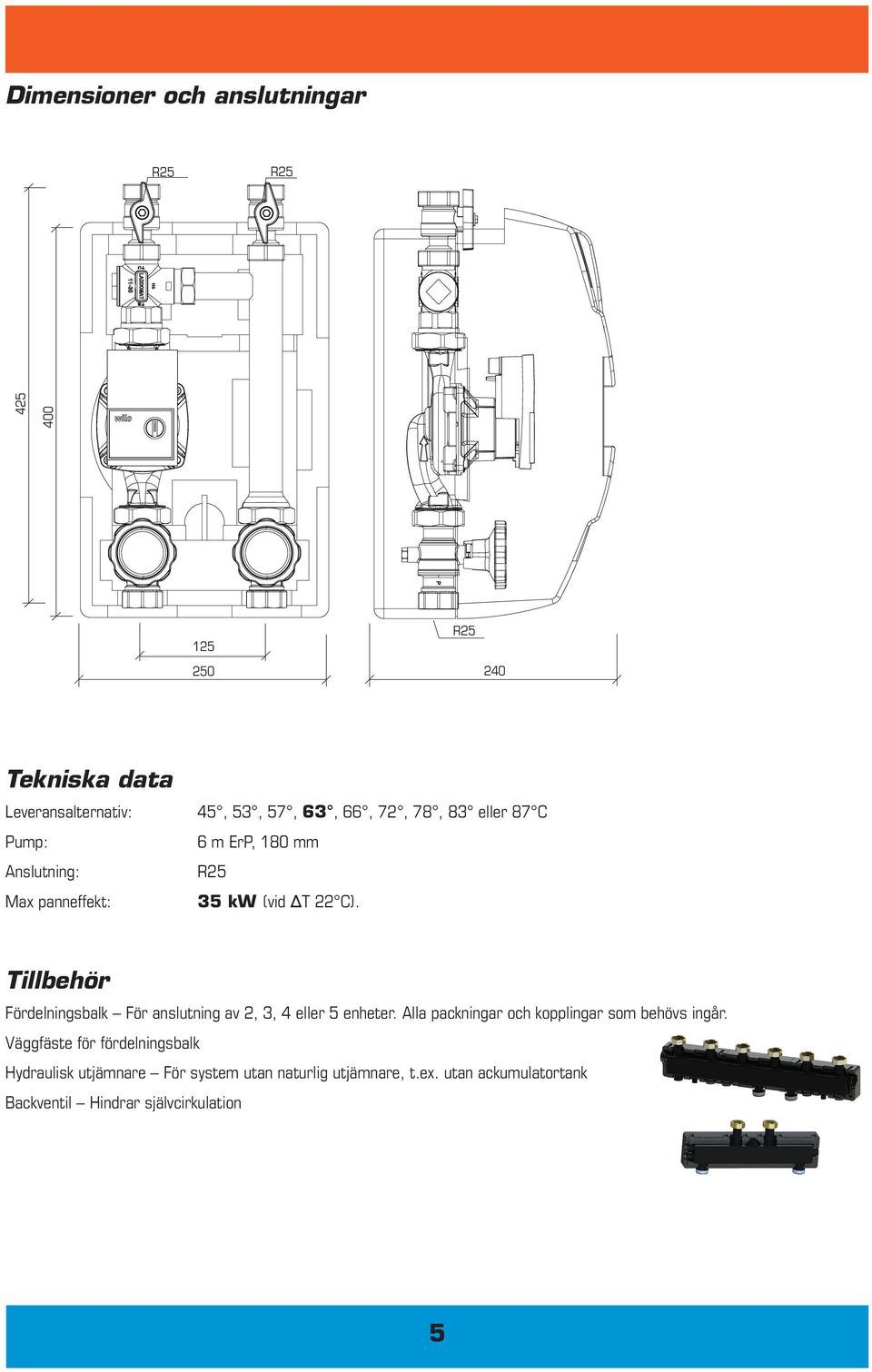 Tillbehör Fördelningsbalk För anslutning av 2, 3, 4 eller 5 enheter. Alla packningar och kopplingar som behövs ingår.