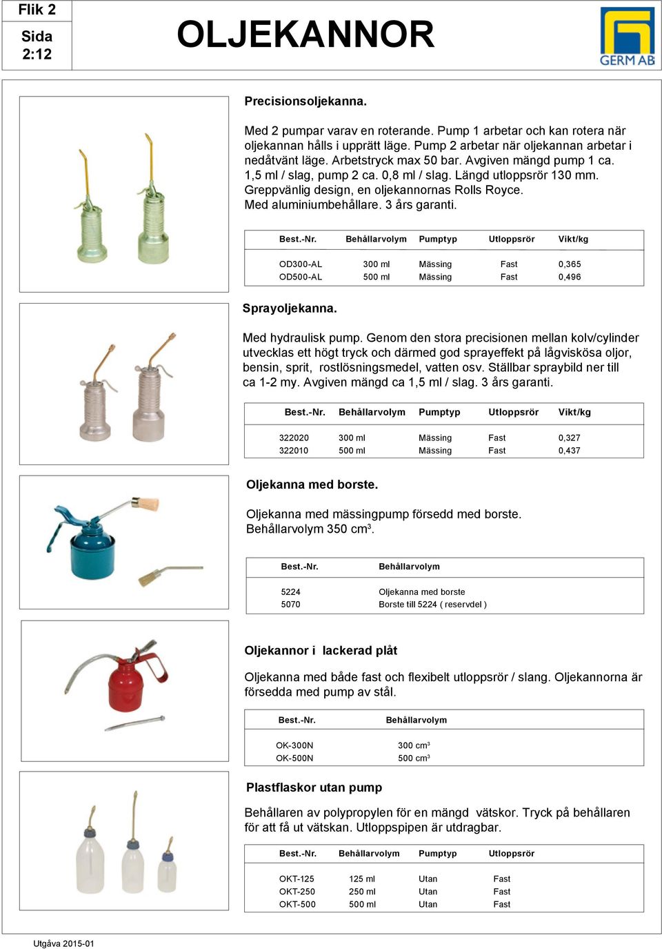 3 års garanti. est.-nr. ehållarvolym Pumptyp Utloppsrör Vikt/kg O300-L 300 ml Mässing Fast 0,365 O500-L 500 ml Mässing Fast 0,496 Sprayoljekanna. Med hydraulisk pump.