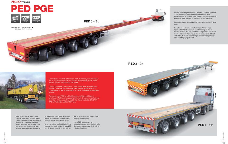 Slutbehandlingen består av epoxy- och polyuretanlack i flera skikt. Huvudkomponenterna i våra flaktrailers PED och PGE kommer från kända tillverkare som ROR, Gigant, Knorr- Bremse, Haldex, INA etc.