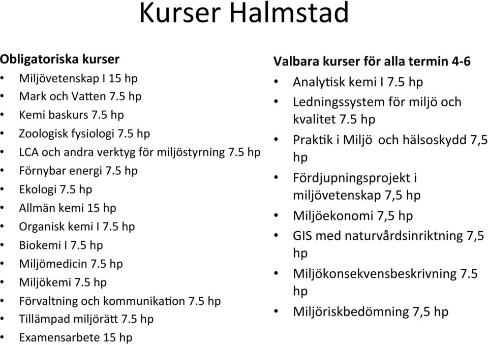 5 hp Tillämpad miljörä> 7.5 hp Examensarbete 15 hp Valbara kurser för alla termin 4-6 AnalyOsk kemi I 7.5 hp Ledningssystem för miljö och kvalitet 7.