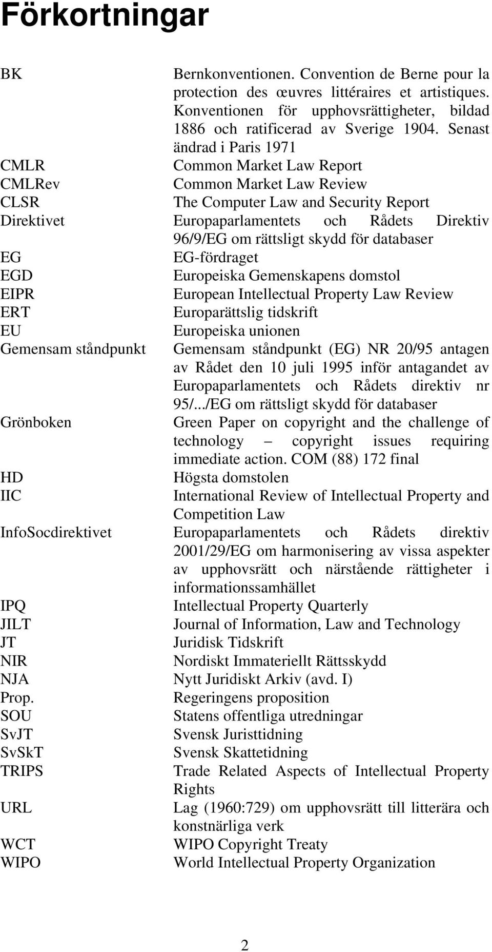 rättsligt skydd för databaser EG EG-fördraget EGD Europeiska Gemenskapens domstol EIPR European Intellectual Property Law Review ERT Europarättslig tidskrift EU Gemensam ståndpunkt Grönboken HD IIC