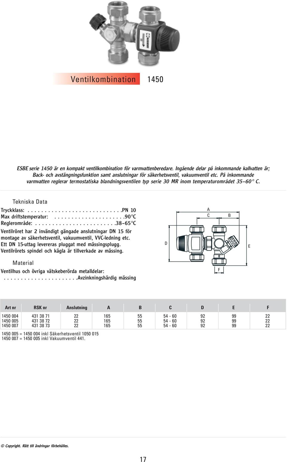 På inkommande varmvatten reglerar termostatiska blandningsventilen typ serie 30 MR inom temperaturområdet 35 60 C. Tekniska Data Tryckklass:............................PN 10 Max driftstemperatur:.