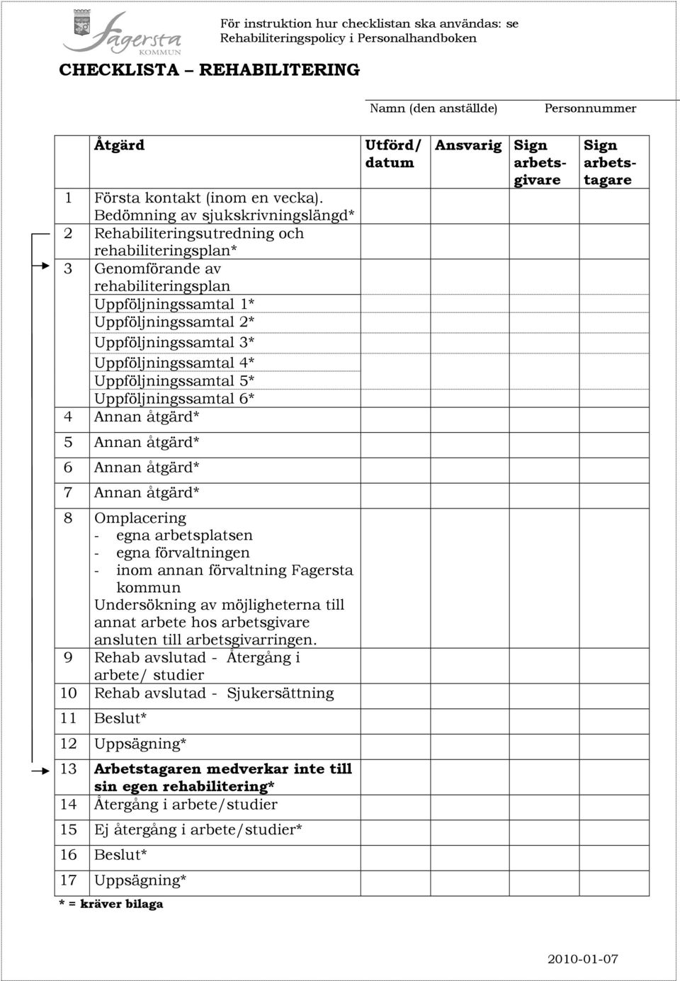 Uppföljningssamtal 4* Uppföljningssamtal 5* Uppföljningssamtal 6* 4 Annan åtgärd* Utförd/ datum Ansvarig Sign arbetsgivare Sign arbetstagare 5 Annan åtgärd* 6 Annan åtgärd* 7 Annan åtgärd* 8