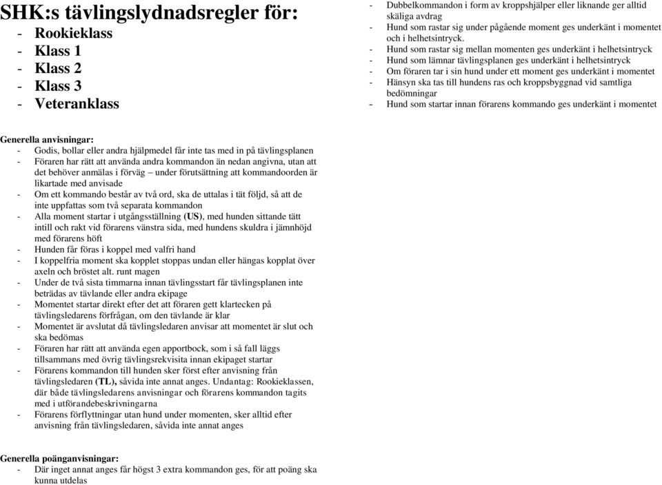 - Hund som rastar sig mellan momenten ges underkänt i helhetsintryck - Hund som lämnar tävlingsplanen ges underkänt i helhetsintryck - Om föraren tar i sin hund under ett moment ges underkänt i