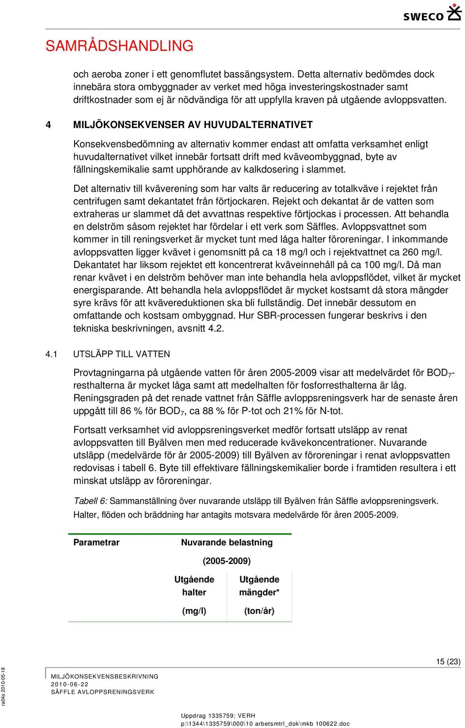 4 MILJÖKONSEKVENSER AV HUVUDALTERNATIVET Konsekvensbedömning av alternativ kommer endast att omfatta verksamhet enligt huvudalternativet vilket innebär fortsatt drift med kväveombyggnad, byte av