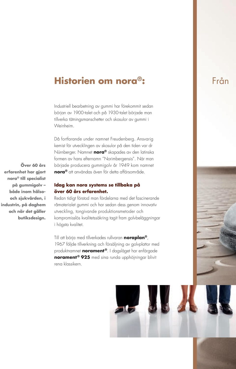 Ansvarig kemist för utvecklingen av skosulor på den tiden var dr Nürnberger. Namnet nora skapades av den latinska formen av hans efternamn Norimbergensis.