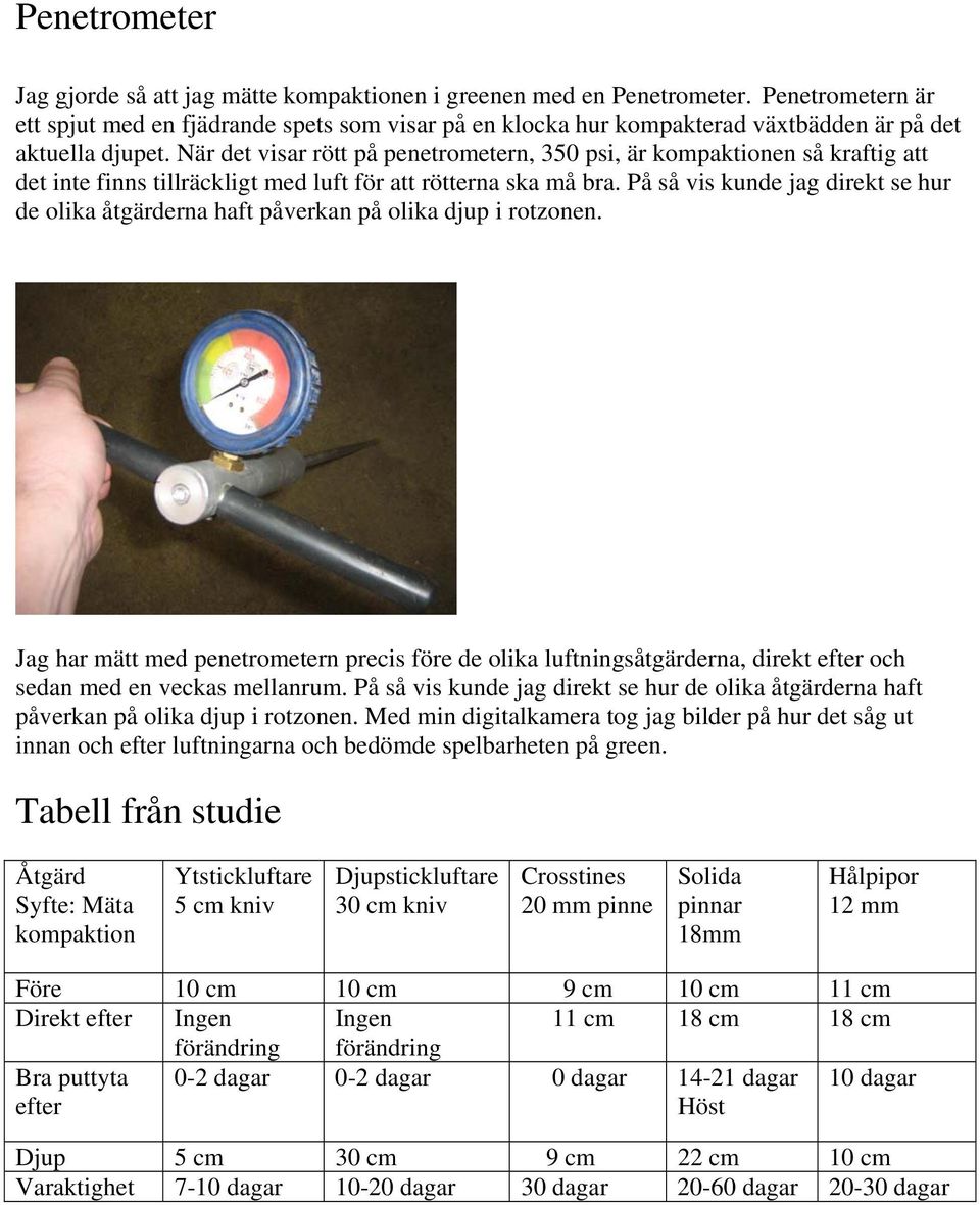 När det visar rött på penetrometern, 350 psi, är kompaktionen så kraftig att det inte finns tillräckligt med luft för att rötterna ska må bra.