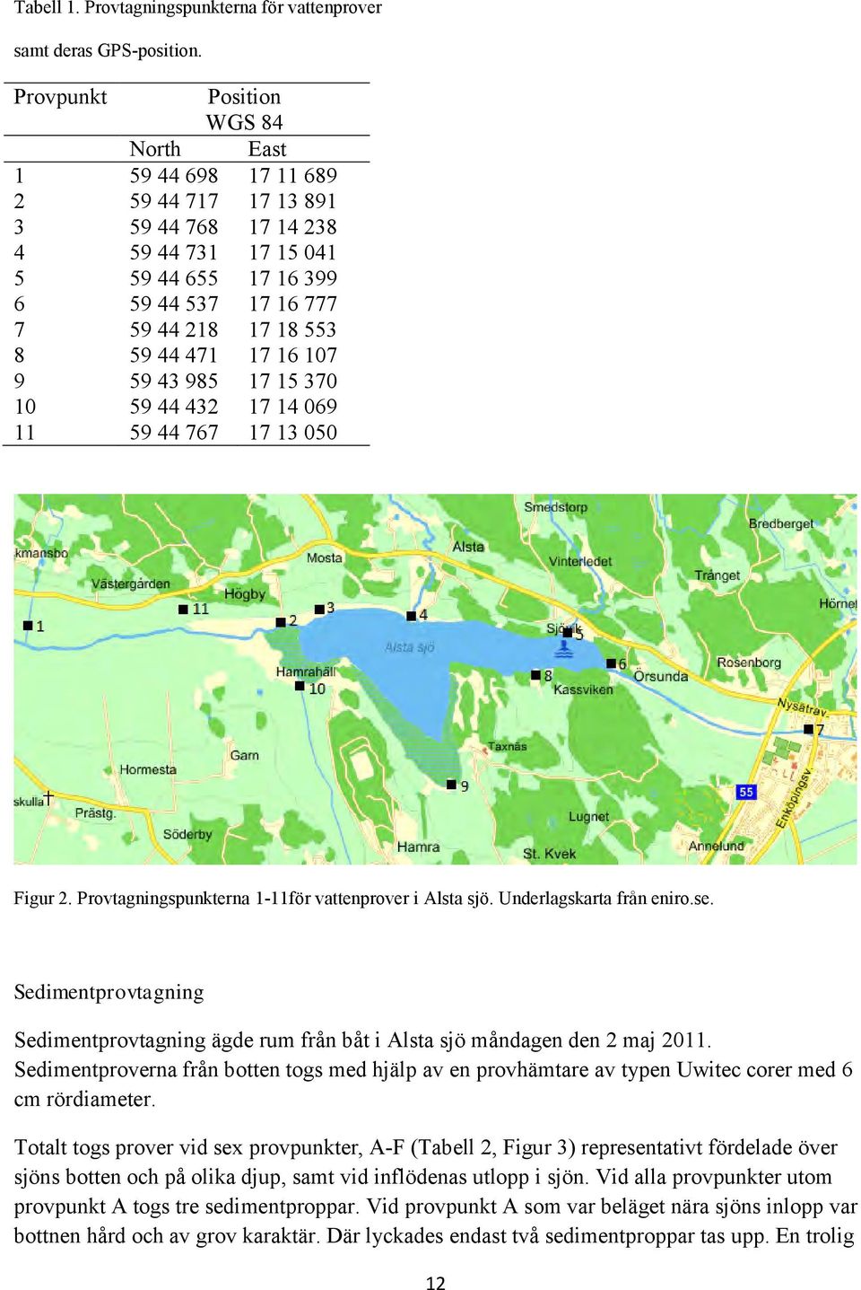 471 17 16 107 9 59 43 985 17 15 370 10 59 44 432 17 14 069 11 59 44 767 17 13 050 Figur 2. Provtagningspunkterna 1-11för vattenprover i Alsta sjö. Underlagskarta från eniro.se.